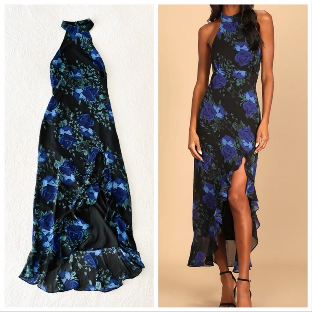 Lulu's Black Maxi Dress with Blue Floral Print